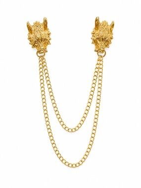 Vintage Style Double Chain Wolf Head Lapel Pin Brooch – Gold Tone Statement